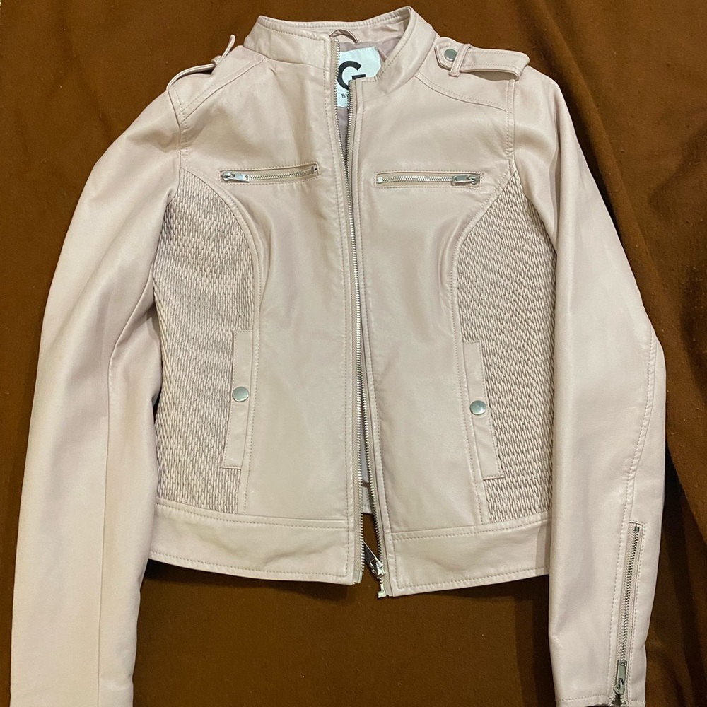 light dusty pink extra small guess faux leather jacket with detachable hood
